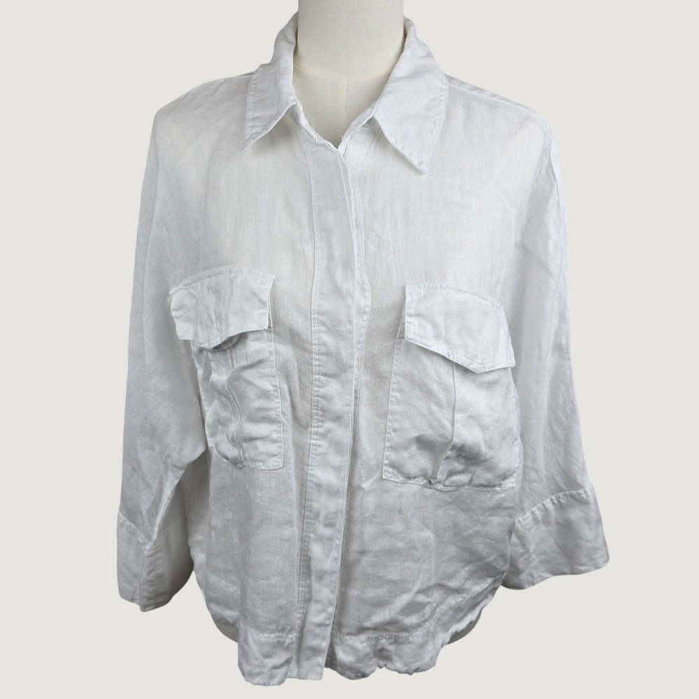 Zara Button Down Shirt Women Small White 100% Linen Utility Pocket Blouse